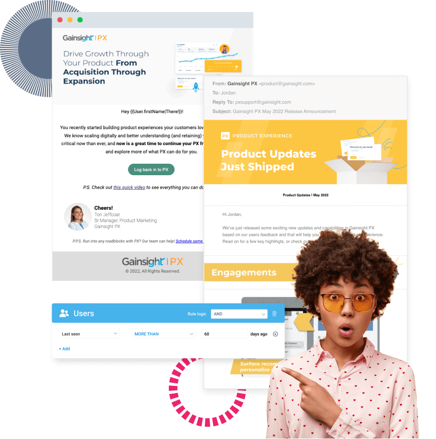 An email interface showcases text about product updates and growth strategies in the background. In the foreground, a surprised person with curly hair and glasses points upward, highlighting increased product engagement. Below, a data table offers further insights.